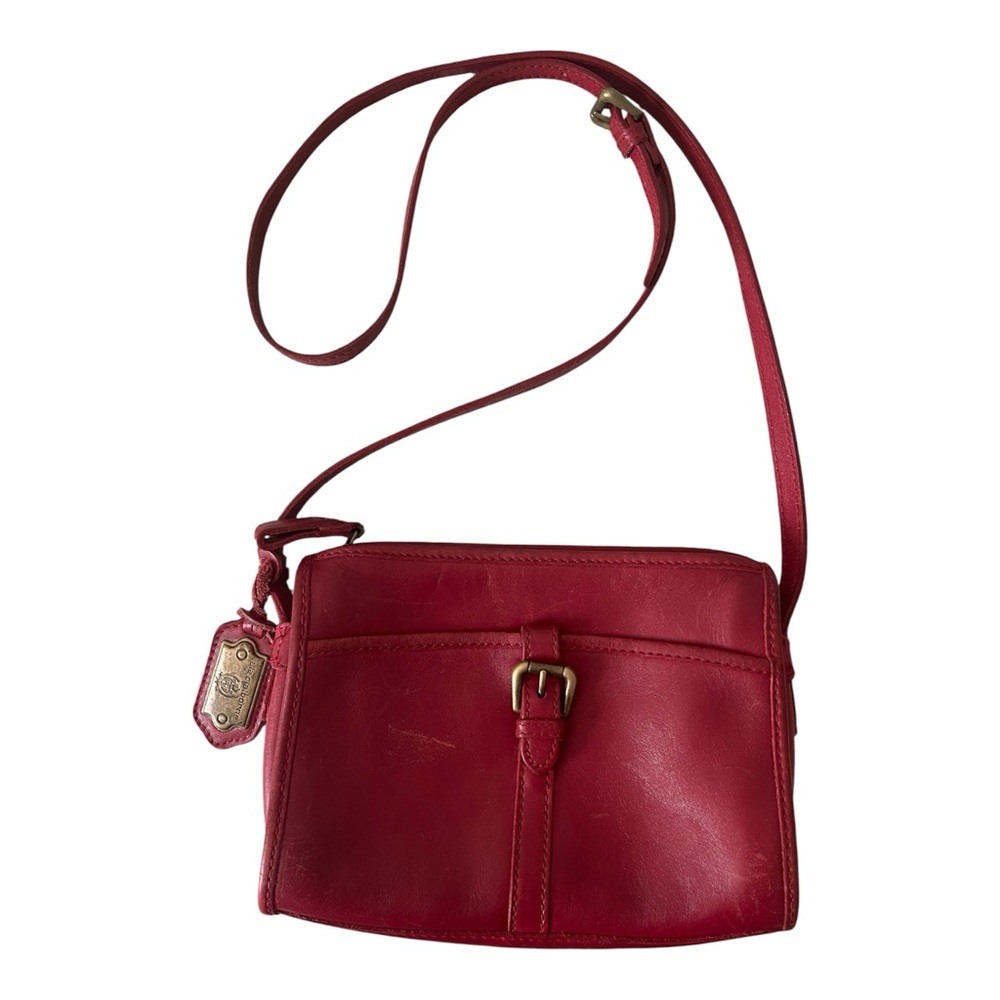 Vtg Liz Claiborne Red Genuine Leather Crossbody Messenger Bag Brass Buckle
